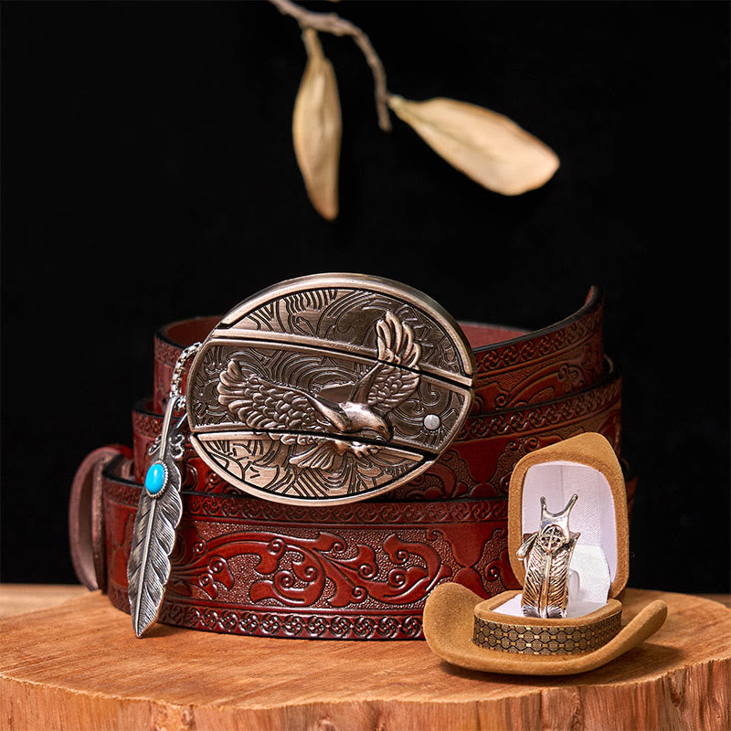 Eagle DIY Hidden Knife Belt Buckle With Feather Ring Bundle Set - Eagle & Feather - Brown Carved Belt - 42 - image 10