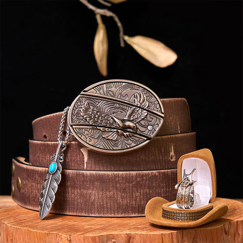 Eagle DIY Hidden Knife Belt Buckle With Feather Ring Bundle Set - Eagle & Feather - Brown Distressed Belt - 42 - image 9