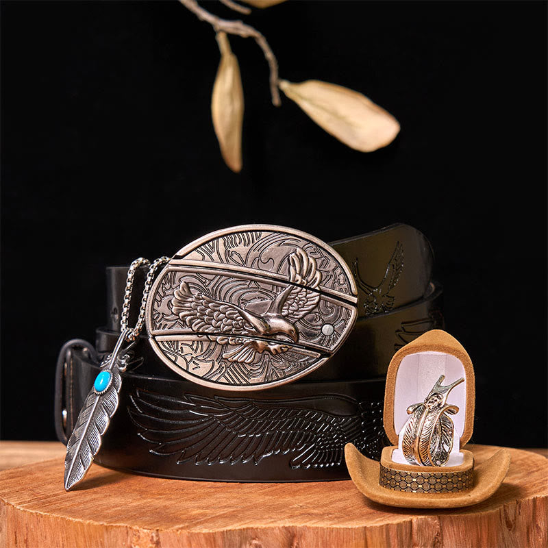 Eagle DIY Hidden Knife Belt Buckle With Feather Ring Bundle Set - Eagle & Feather - Black Embossed Eagle Belt - 42 - image 6