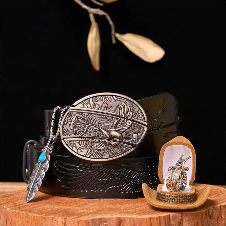 Eagle DIY Hidden Knife Belt Buckle With Feather Ring Bundle Set - Eagle & Feather - Black Embossed Eagle Belt - 42 - image 6