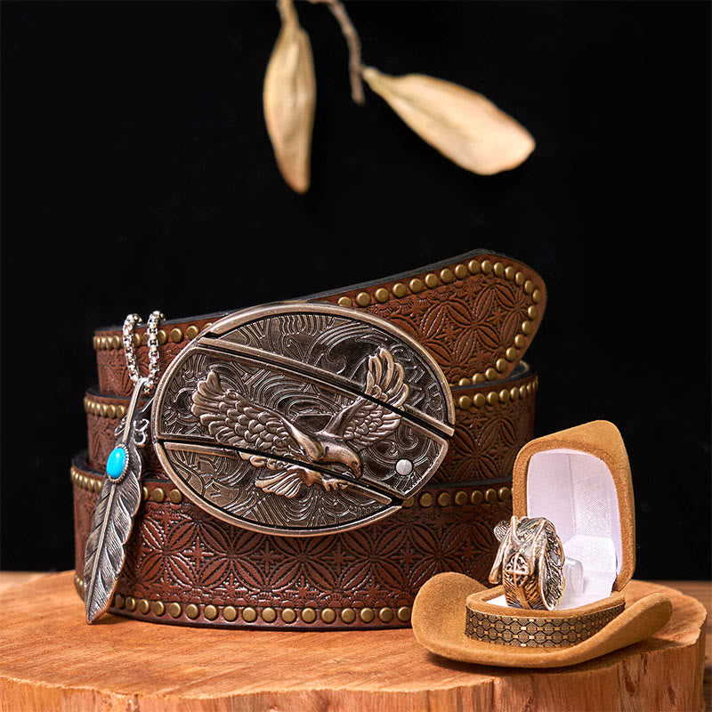 Eagle DIY Hidden Knife Belt Buckle With Feather Ring Bundle Set - Eagle & Feather - Brown Rivet Belt - 42 - image 8