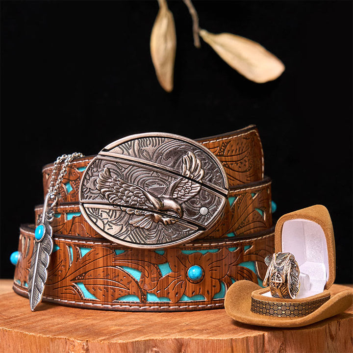 Eagle DIY Hidden Knife Belt Buckle With Feather Ring Bundle Set - Eagle & Feather - Turquoise Carved Belt - 42 - image 7