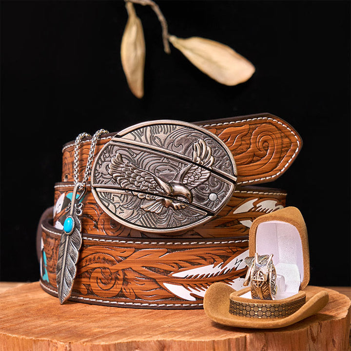 Eagle DIY Hidden Knife Belt Buckle With Feather Ring Bundle Set - Eagle & Feather - Brown Feather Belt - 40 - image 0