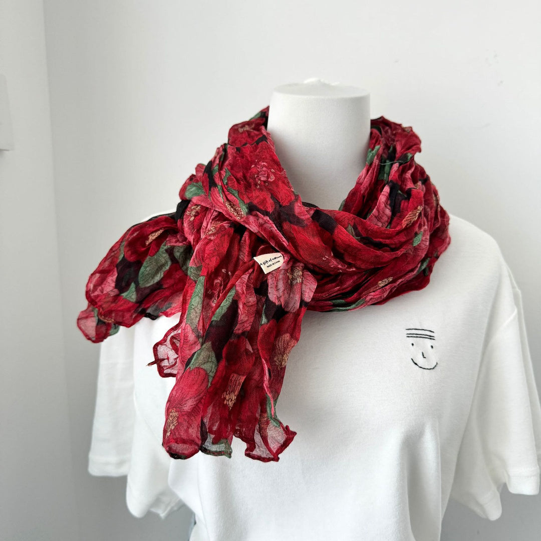 Vintage Pleated Printed Cotton And Linen Thin Scarf - #20 Crimson - image 23