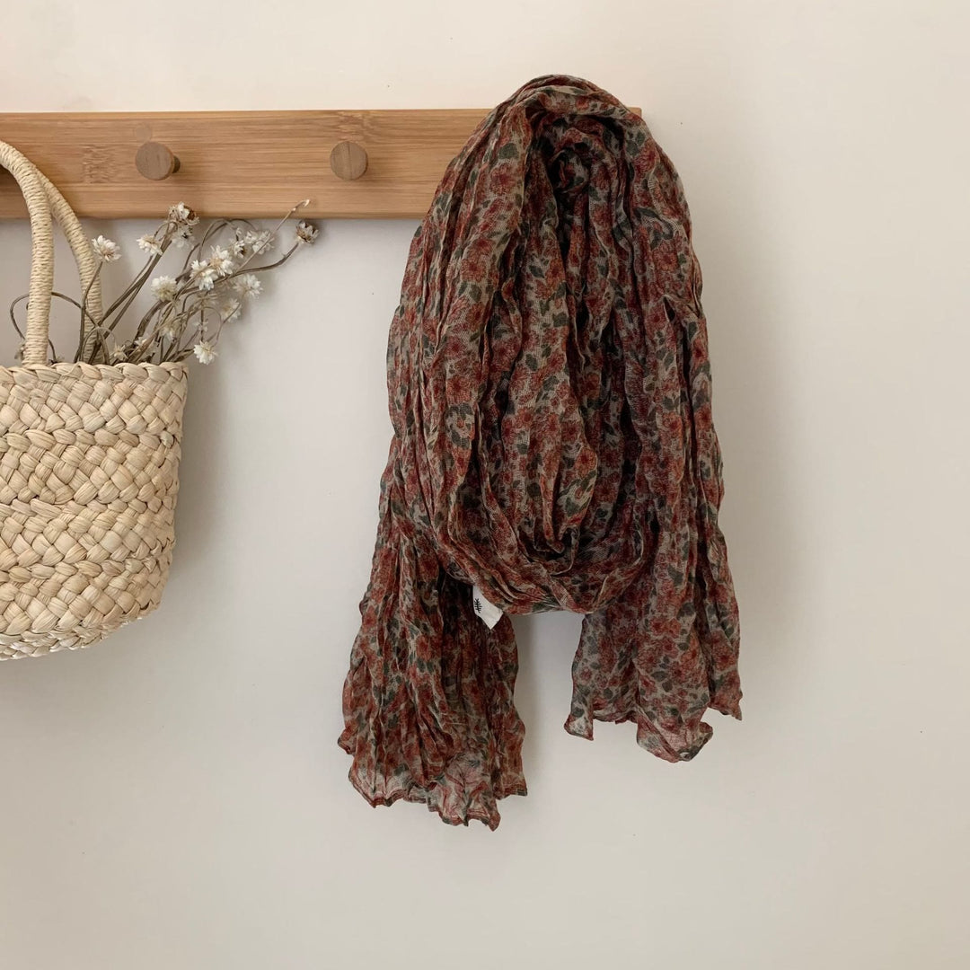 Vintage Pleated Printed Cotton And Linen Thin Scarf - #10 FireBrick - image 13