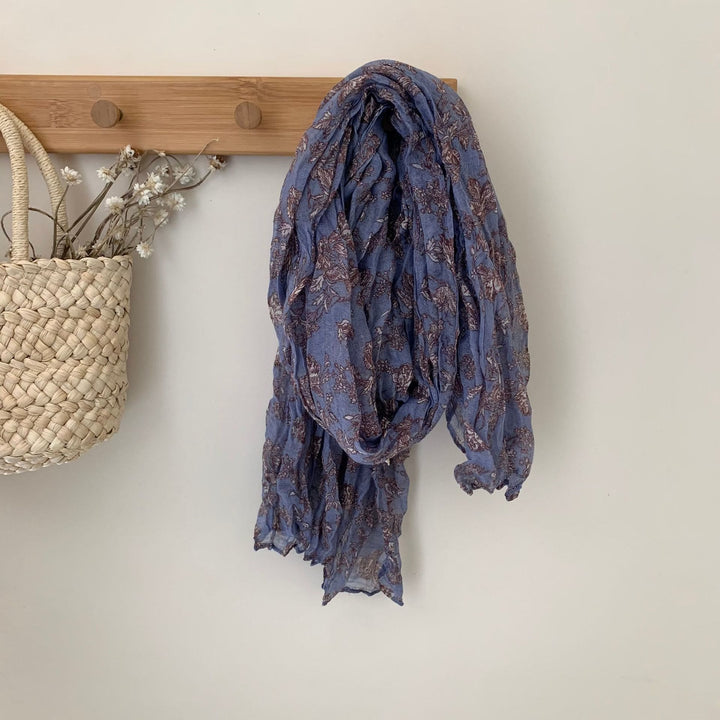 Vintage Pleated Printed Cotton And Linen Thin Scarf - #3 SlateBlue - image 6