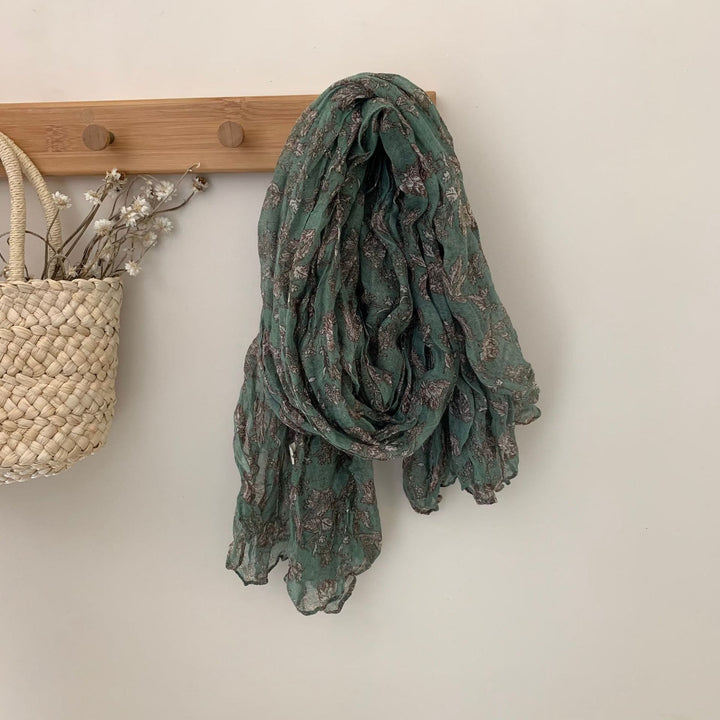 Vintage Pleated Printed Cotton And Linen Thin Scarf - #6 DarkSeaGreen - image 9