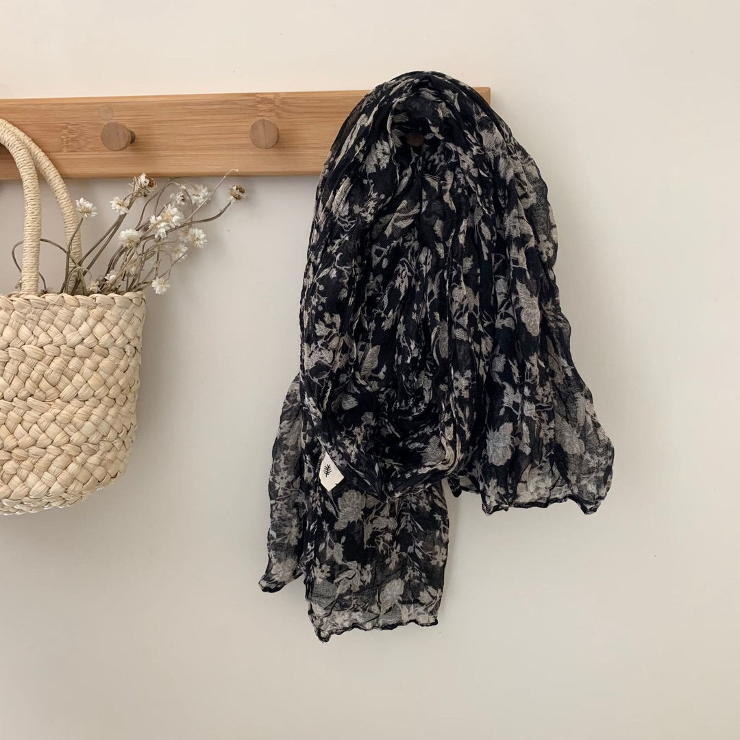 Vintage Pleated Printed Cotton And Linen Thin Scarf - #2 Black - image 5