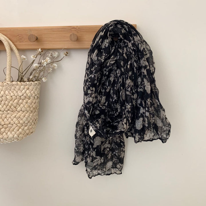 Vintage Pleated Printed Cotton And Linen Thin Scarf - #2 Black - image 5