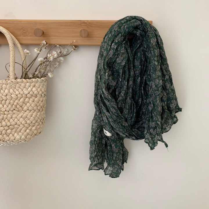 Vintage Pleated Printed Cotton And Linen Thin Scarf - #8 Green - image 11