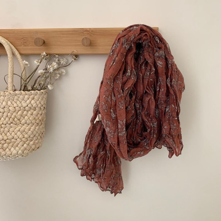 Vintage Pleated Printed Cotton And Linen Thin Scarf - #1 Brown - image 0