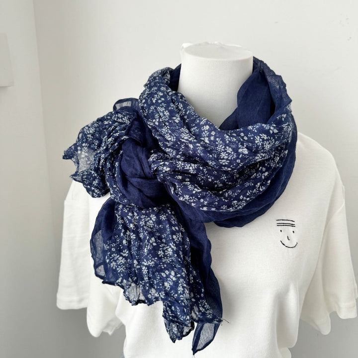 Vintage Pleated Printed Cotton And Linen Thin Scarf - #15 DarkBlue - image 18