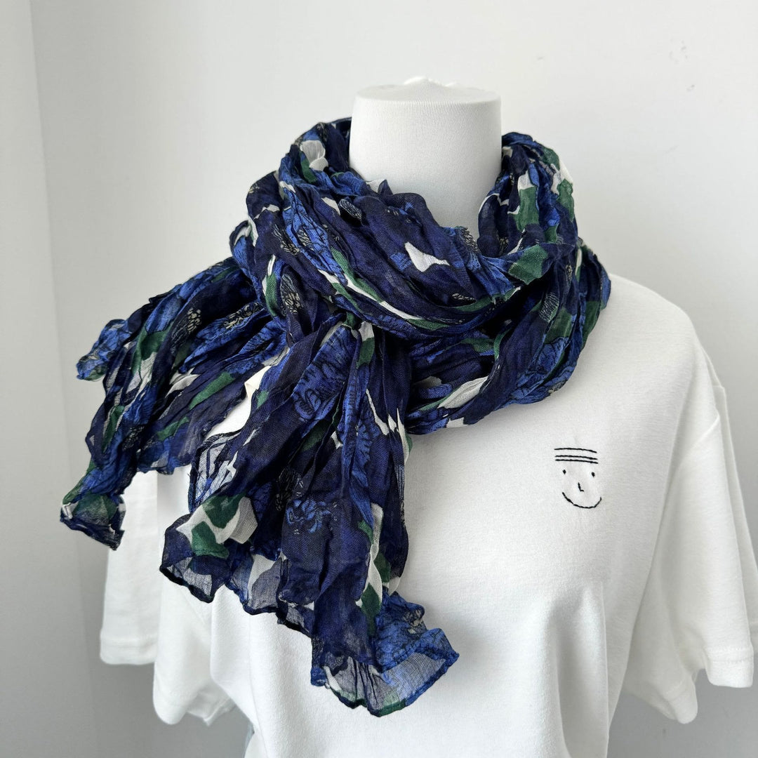 Vintage Pleated Printed Cotton And Linen Thin Scarf - #19 Navy - image 22