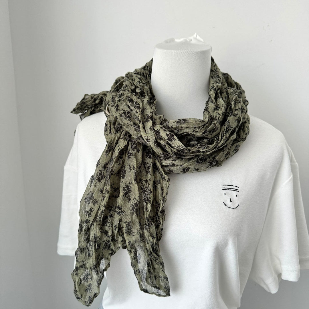 Vintage Pleated Printed Cotton And Linen Thin Scarf - #12 Olive - image 15
