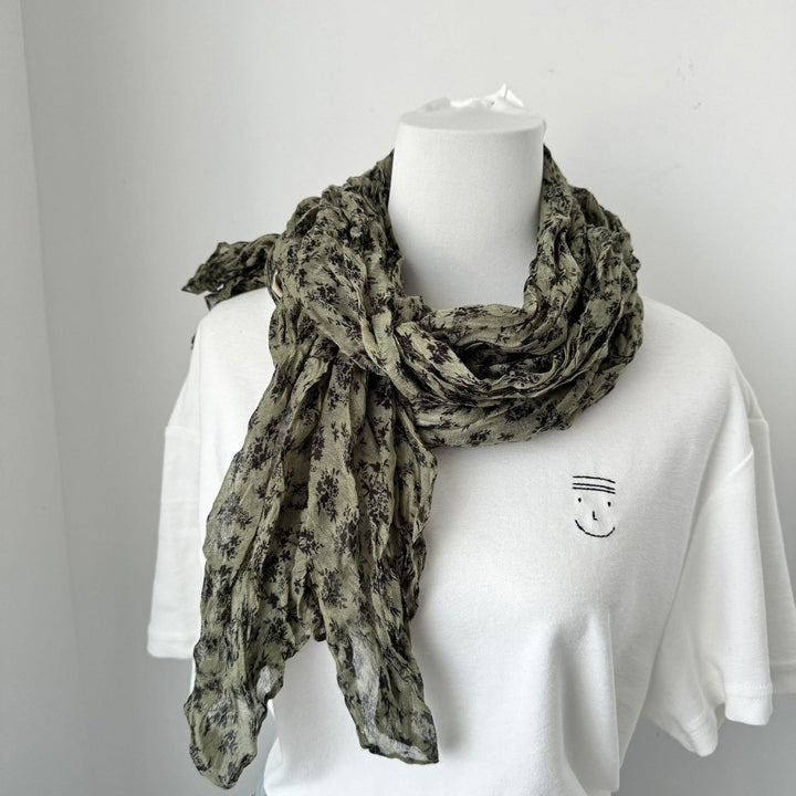 Vintage Pleated Printed Cotton And Linen Thin Scarf - #12 Olive - image 15