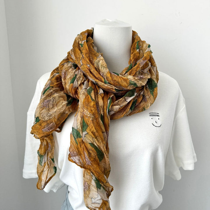 Vintage Pleated Printed Cotton And Linen Thin Scarf - #21 Orange - image 24