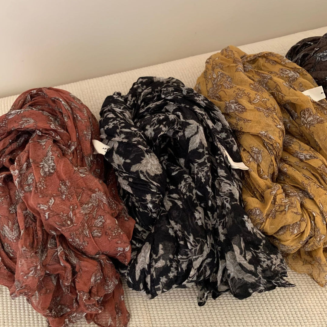 Vintage Pleated Printed Cotton And Linen Thin Scarf - image 1