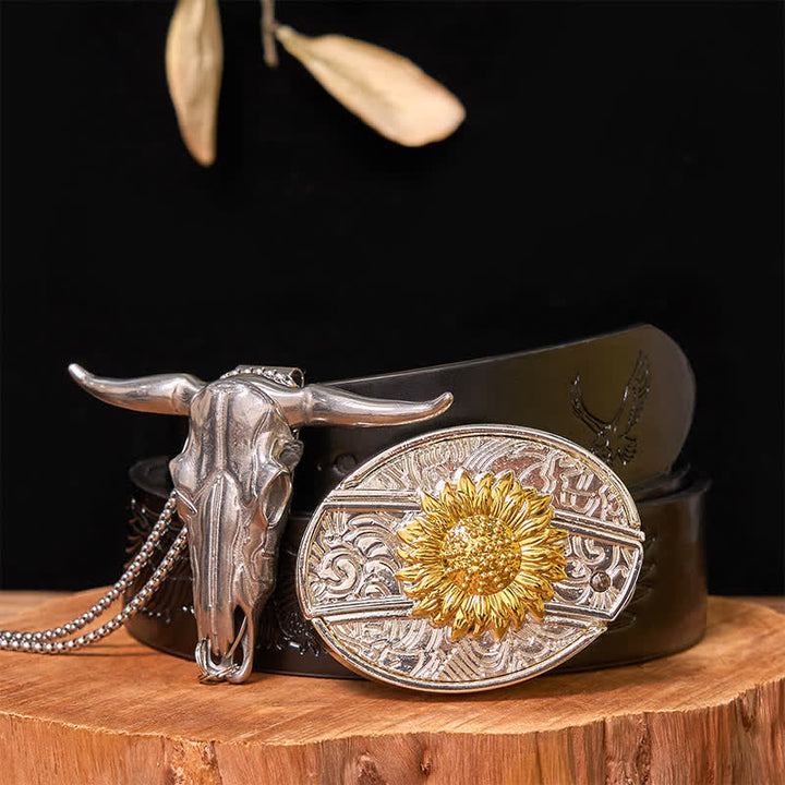 Gold & Silver DIY Hidden Knife Belt Buckle Longhorn Bull Pendant Bundle Set - Sunflower - Black Embossed Eagle Belt - 42 - image 11