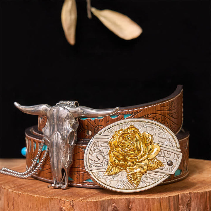 Gold & Silver DIY Hidden Knife Belt Buckle Longhorn Bull Pendant Bundle Set - Rose - Turquoise Carved Belt - 42 - image 21