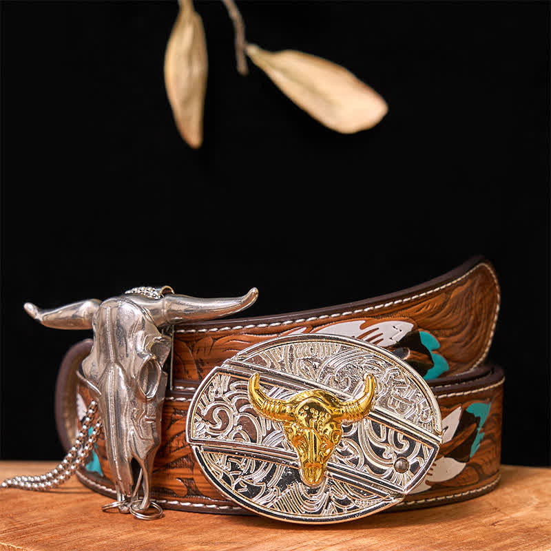 Gold & Silver DIY Hidden Knife Belt Buckle Longhorn Bull Pendant Bundle Set - Bull - Brown Feather Belt - 40 - image 0
