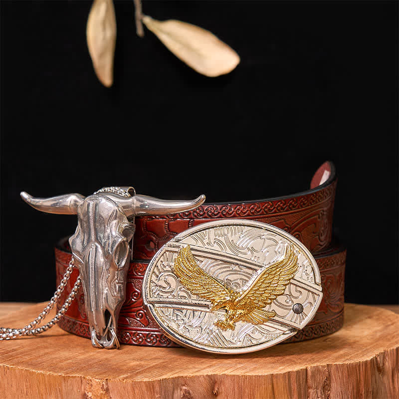 Gold & Silver DIY Hidden Knife Belt Buckle Longhorn Bull Pendant Bundle Set - Eagle - Brown Carved Belt - 42 - image 33