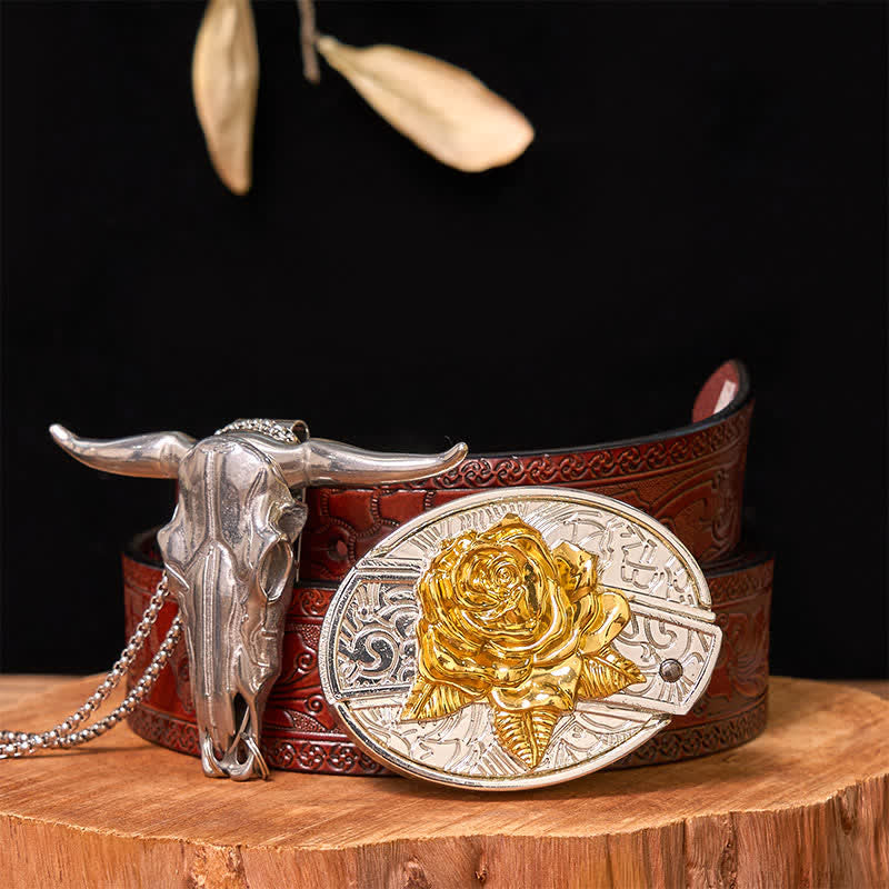 Gold & Silver DIY Hidden Knife Belt Buckle Longhorn Bull Pendant Bundle Set - Rose - Brown Carved Belt - 42 - image 24