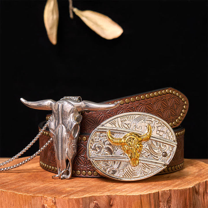 Gold & Silver DIY Hidden Knife Belt Buckle Longhorn Bull Pendant Bundle Set - Bull - Brown Rivet Belt - 42 - image 7