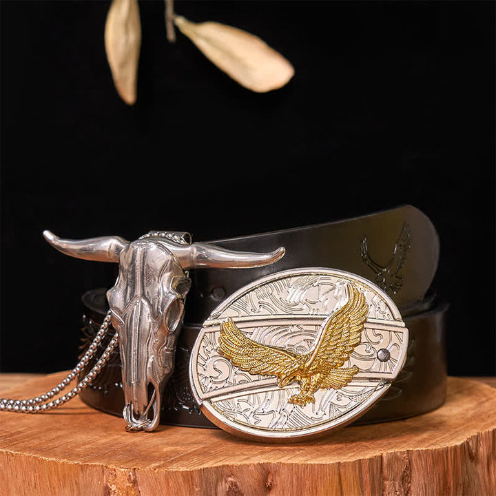 Gold & Silver DIY Hidden Knife Belt Buckle Longhorn Bull Pendant Bundle Set - Eagle - Black Embossed Eagle Belt - 42 - image 29