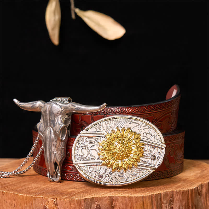 Gold & Silver DIY Hidden Knife Belt Buckle Longhorn Bull Pendant Bundle Set - Sunflower - Brown Carved Belt - 42 - image 15