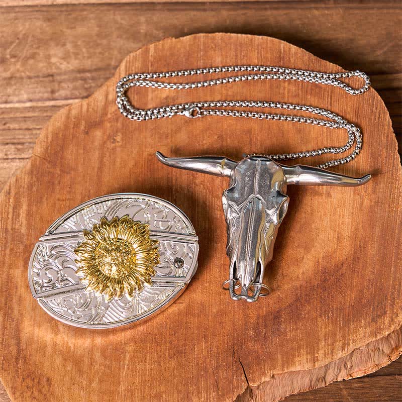 Gold & Silver DIY Hidden Knife Belt Buckle Longhorn Bull Pendant Bundle Set - Sunflower - Without Belt - Not Include Belt - image 10