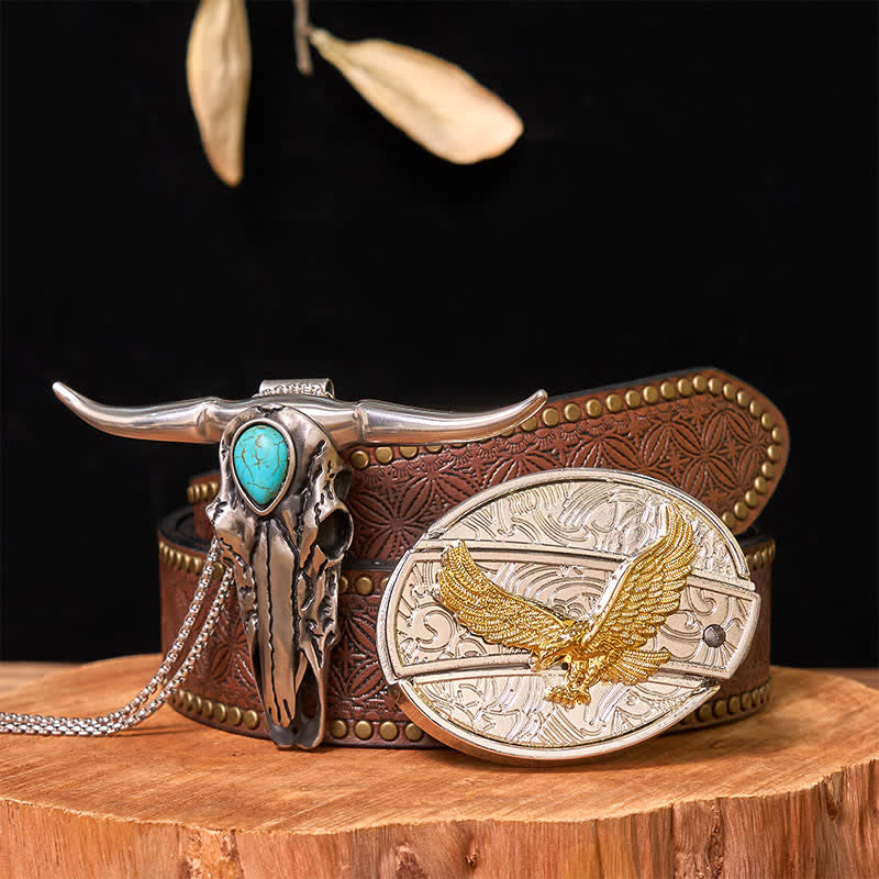 Gold & Silver DIY Hidden Knife Belt Buckle Turquoise Longhorn Pendant Bundle Set - Eagle - Brown Rivet Belt - 42 - image 34