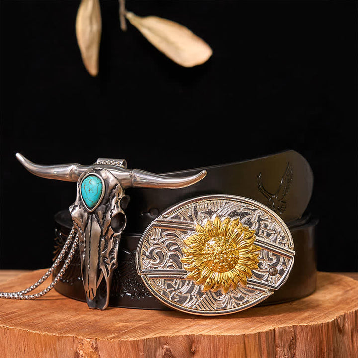 Gold & Silver DIY Hidden Knife Belt Buckle Turquoise Longhorn Pendant Bundle Set - Sunflower - Black Embossed Eagle Belt - 42 - image 14