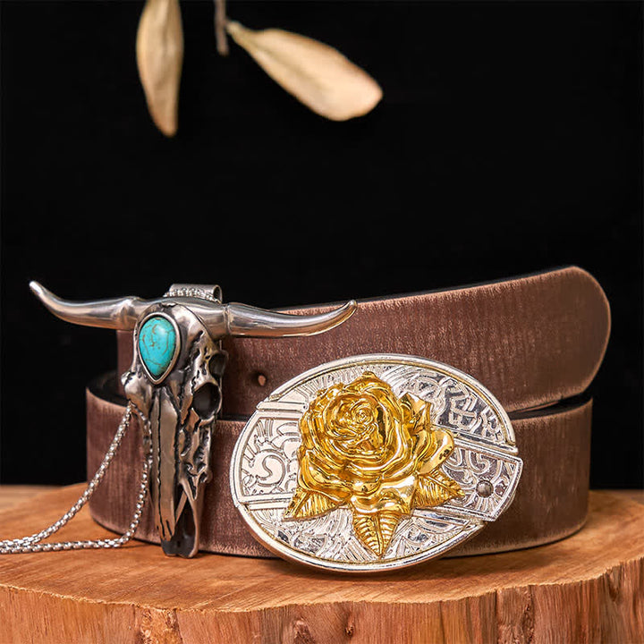 Gold & Silver DIY Hidden Knife Belt Buckle Turquoise Longhorn Pendant Bundle Set - Rose - Brown Distressed Belt - 42 - image 26