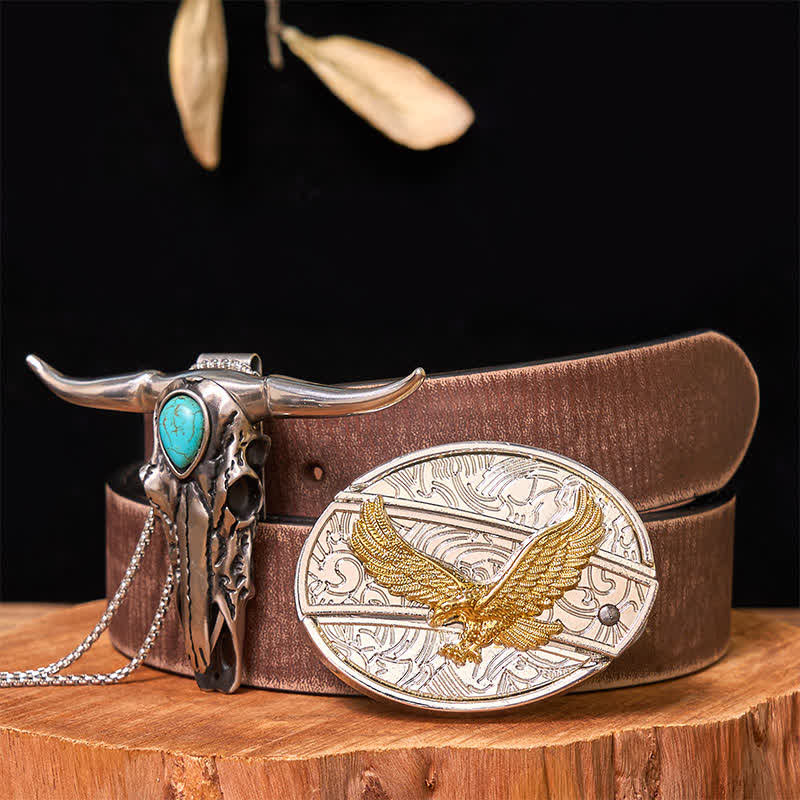 Gold & Silver DIY Hidden Knife Belt Buckle Turquoise Longhorn Pendant Bundle Set - Eagle - Brown Distressed Belt - 42 - image 35