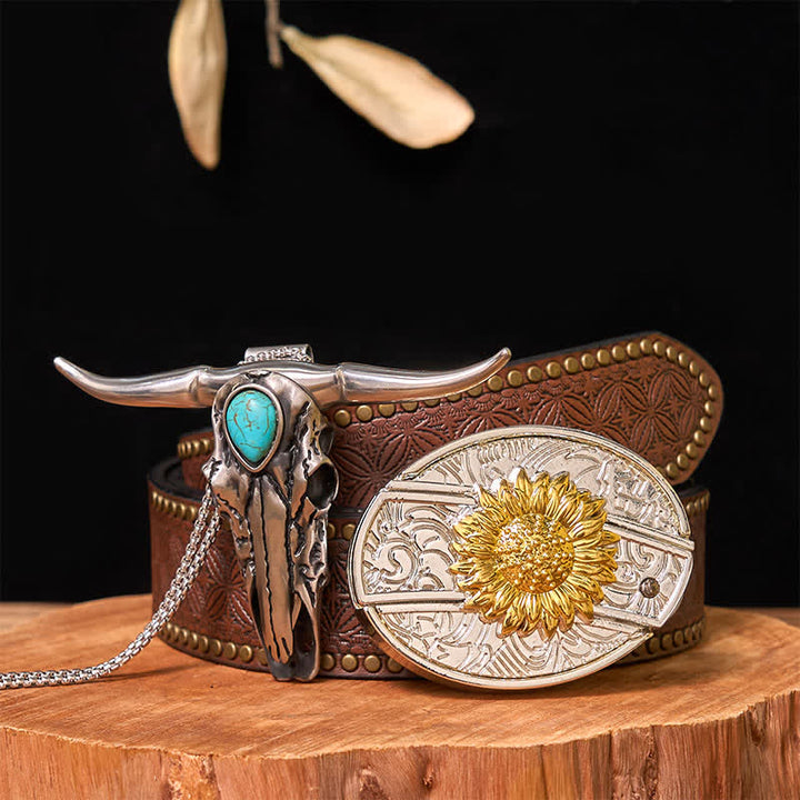 Gold & Silver DIY Hidden Knife Belt Buckle Turquoise Longhorn Pendant Bundle Set - Sunflower - Brown Rivet Belt - 42 - image 16
