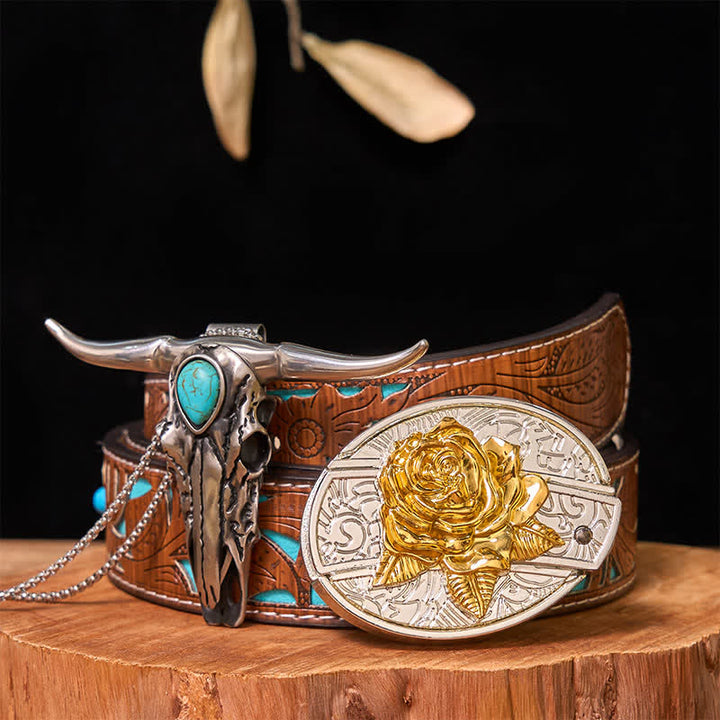 Gold & Silver DIY Hidden Knife Belt Buckle Turquoise Longhorn Pendant Bundle Set - Rose - Turquoise Carved Belt - 42 - image 24