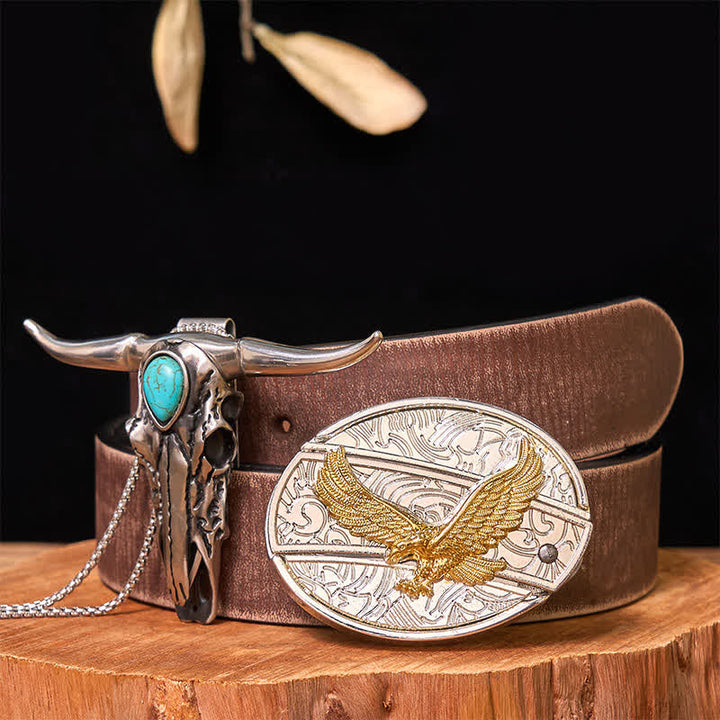 Gold & Silver DIY Hidden Knife Belt Buckle Turquoise Longhorn Pendant Bundle Set - Eagle - Brown Distressed Belt - 42 - image 35