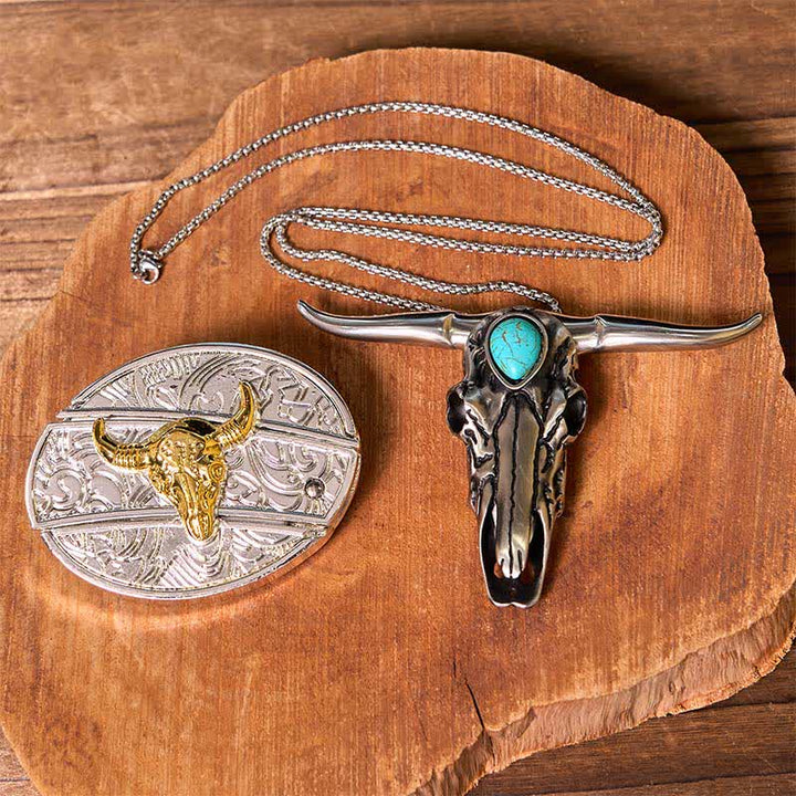 Gold & Silver DIY Hidden Knife Belt Buckle Turquoise Longhorn Pendant Bundle Set - Bull - Without Belt - Not Include Belt - image 1