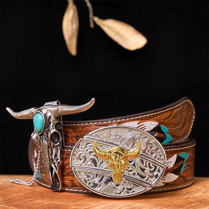 Gold & Silver DIY Hidden Knife Belt Buckle Turquoise Longhorn Pendant Bundle Set - Bull - Brown Feather Belt - 40 - image 0