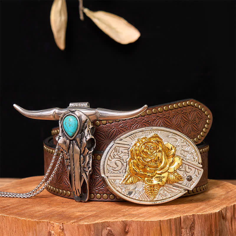 Gold & Silver DIY Hidden Knife Belt Buckle Turquoise Longhorn Pendant Bundle Set - Rose - Brown Rivet Belt - 42 - image 25
