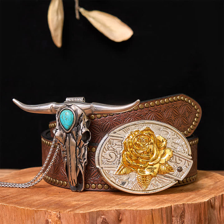 Gold & Silver DIY Hidden Knife Belt Buckle Turquoise Longhorn Pendant Bundle Set - Rose - Brown Rivet Belt - 42 - image 25