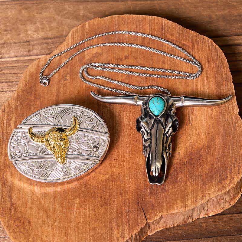 Gold & Silver DIY Hidden Knife Belt Buckle Turquoise Longhorn Pendant Bundle Set - Bull - Without Belt - Not Include Belt - image 1