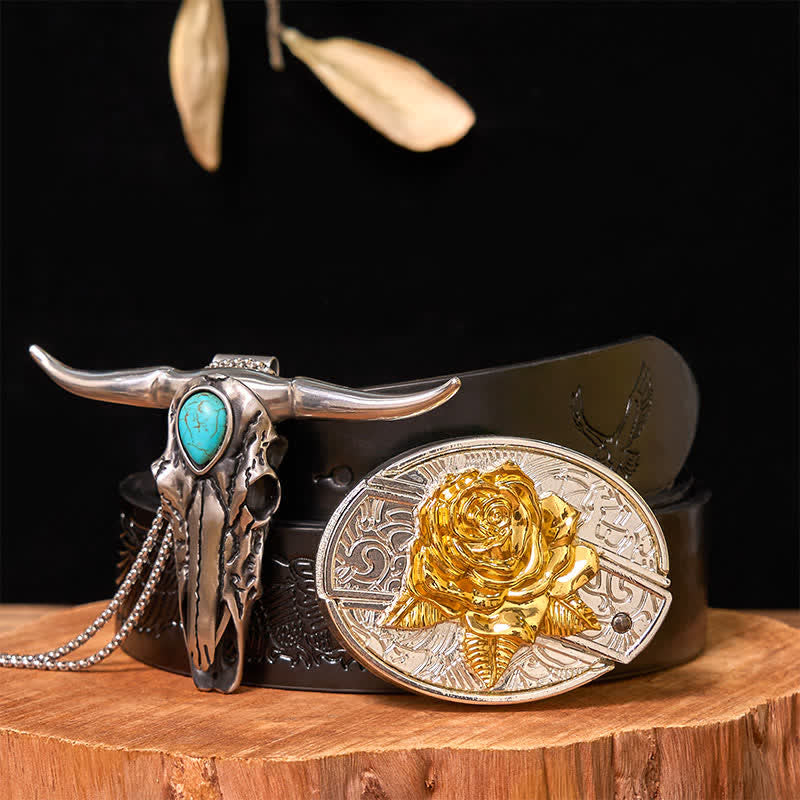 Gold & Silver DIY Hidden Knife Belt Buckle Turquoise Longhorn Pendant Bundle Set - Rose - Black Embossed Eagle Belt - 42 - image 23