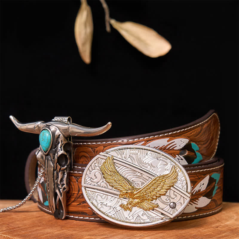Gold & Silver DIY Hidden Knife Belt Buckle Turquoise Longhorn Pendant Bundle Set - Eagle - Brown Feather Belt - 40 - image 37