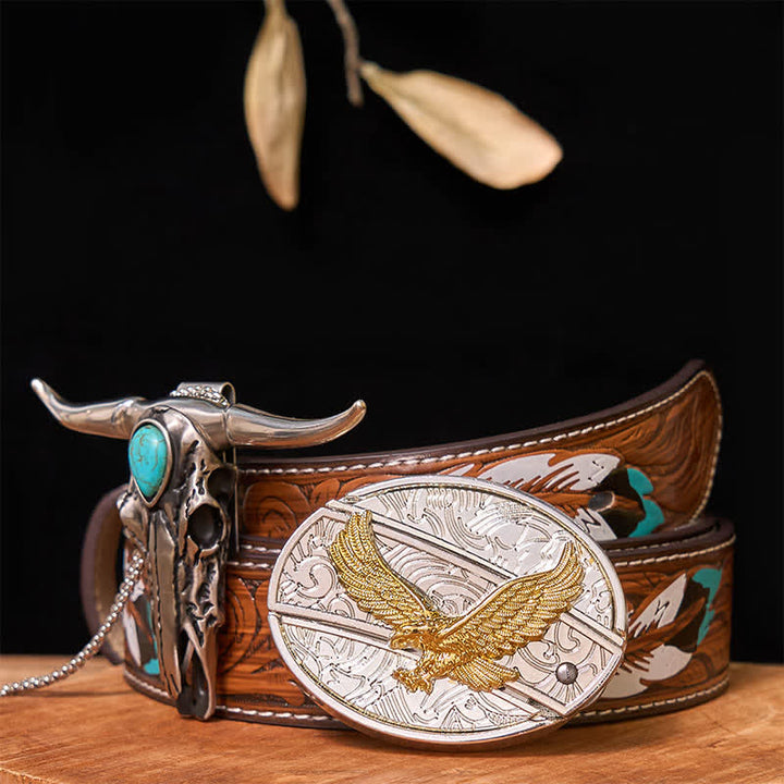 Gold & Silver DIY Hidden Knife Belt Buckle Turquoise Longhorn Pendant Bundle Set - Eagle - Brown Feather Belt - 40 - image 37