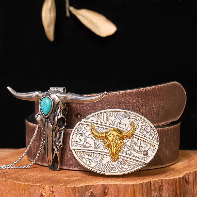 Gold & Silver DIY Hidden Knife Belt Buckle Turquoise Longhorn Pendant Bundle Set - Bull - Brown Distressed Belt - 42 - image 9