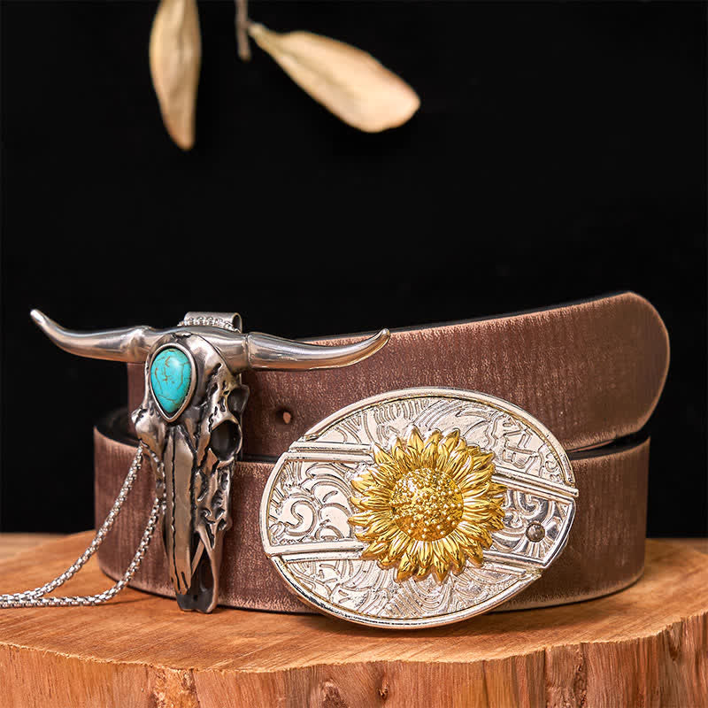 Gold & Silver DIY Hidden Knife Belt Buckle Turquoise Longhorn Pendant Bundle Set - Sunflower - Brown Distressed Belt - 42 - image 17