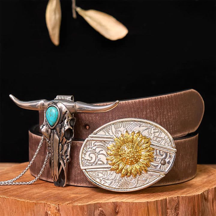 Gold & Silver DIY Hidden Knife Belt Buckle Turquoise Longhorn Pendant Bundle Set - Sunflower - Brown Distressed Belt - 42 - image 17