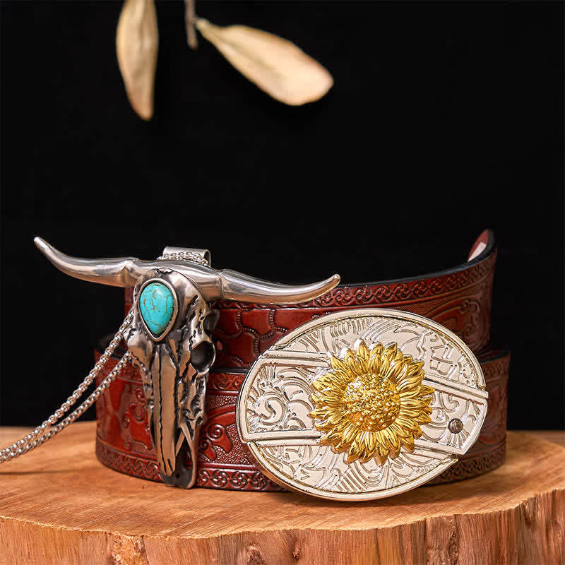 Gold & Silver DIY Hidden Knife Belt Buckle Turquoise Longhorn Pendant Bundle Set - Sunflower - Brown Carved Belt - 42 - image 18