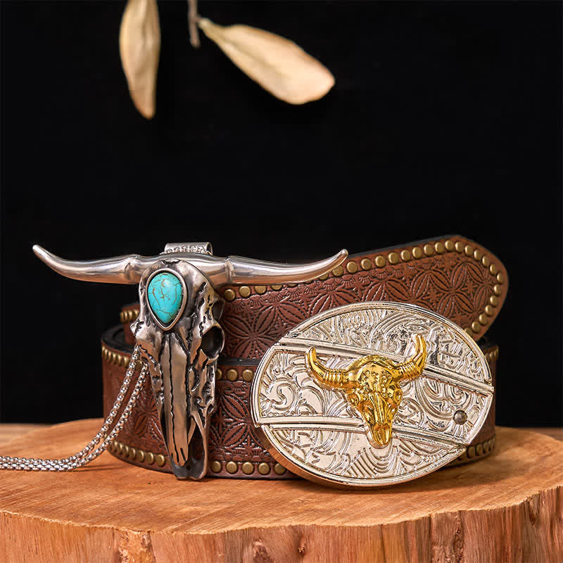 Gold & Silver DIY Hidden Knife Belt Buckle Turquoise Longhorn Pendant Bundle Set - Bull - Brown Rivet Belt - 42 - image 8